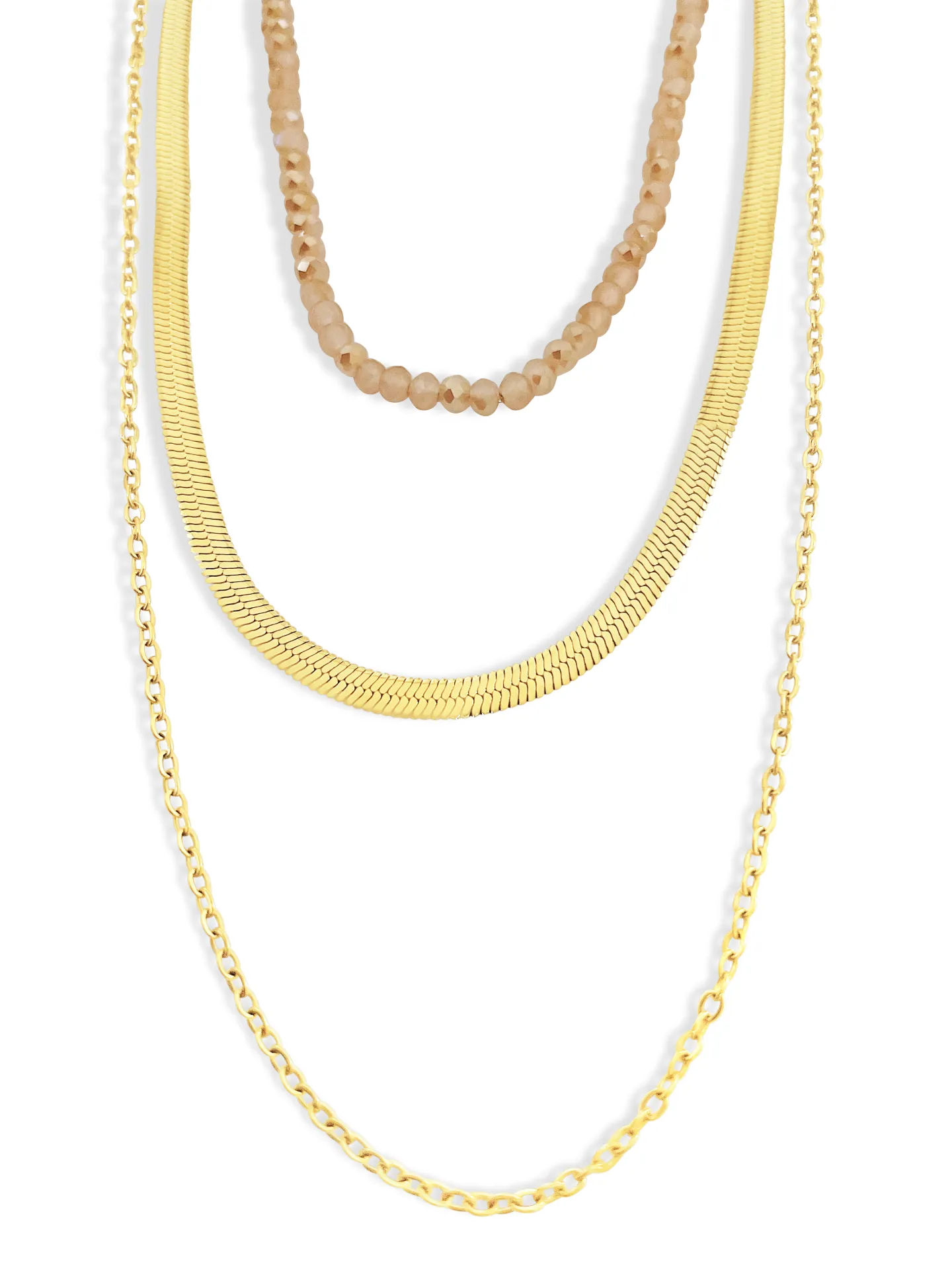 Κολιέ, γυναικείο, από ανοξείδωτο ατσάλι καδενωτό, layering, με ροζ/κρεμ κρυσταλλάκια, κίτρινο επιχρύσωμα, 40 εκατοστά+5εκατοστά αλυσίδα επέκτασης(το κοντύτερο κολιέ) με τις πέτρες), silverline, 0330343001,